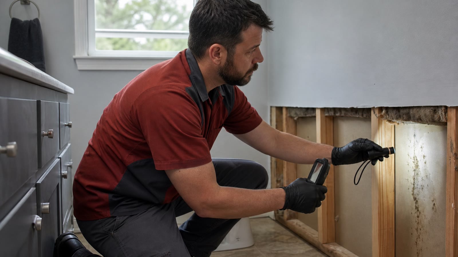 Technician inspecting mold and moisture inside an opened wall